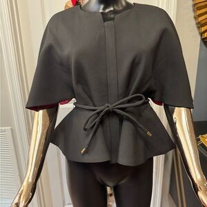 Sophisticated Black Tie-Waist Cape Blouse
